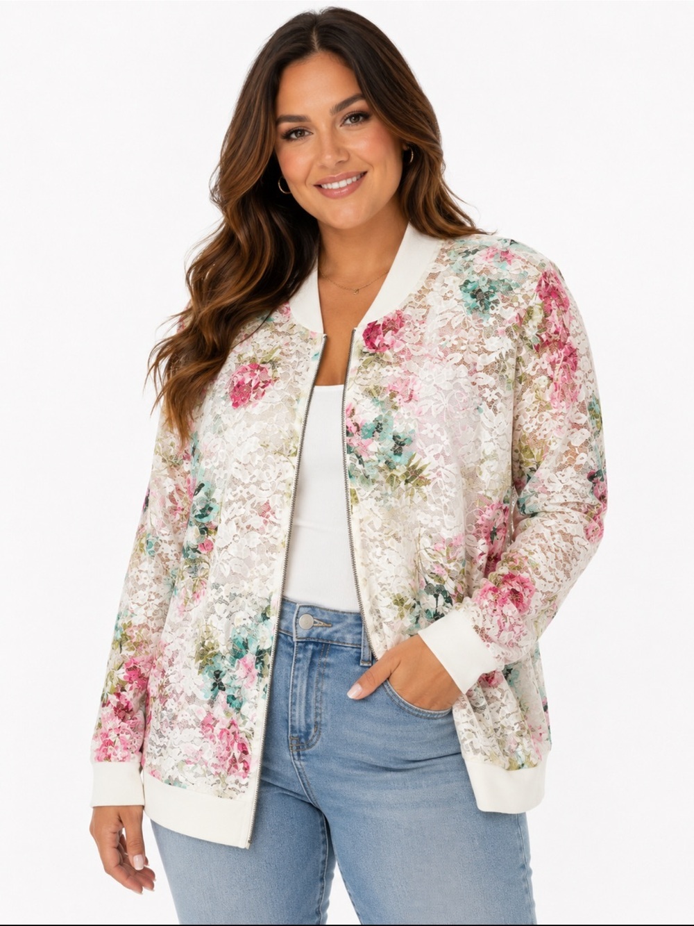 torrid White Lace Floral Bomber Jacket